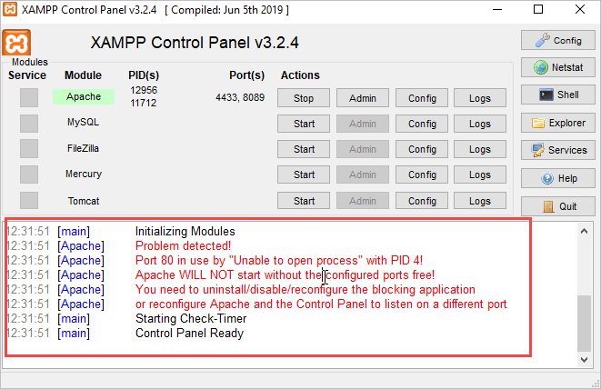 Xampp control panel
